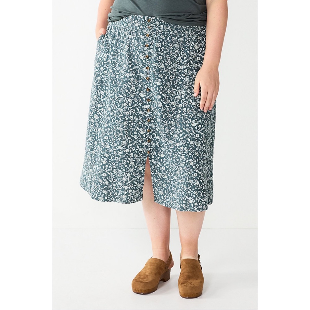 NWT Sonoma Vented Button-Front Midi Skirt Linen Floral Blue/Grey Plus Size 4X